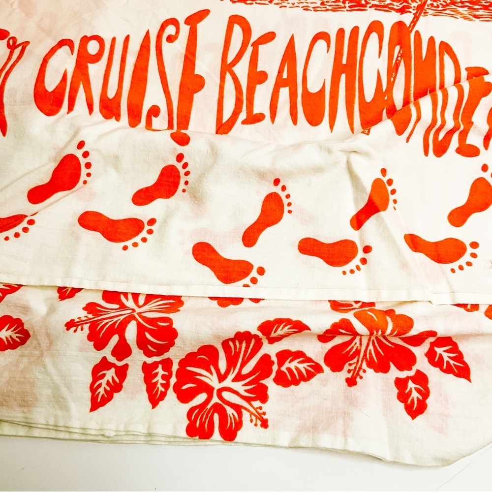 VINTAGE TIKIK Orange and White Beach Tablecloth with Floral and Footprint Design